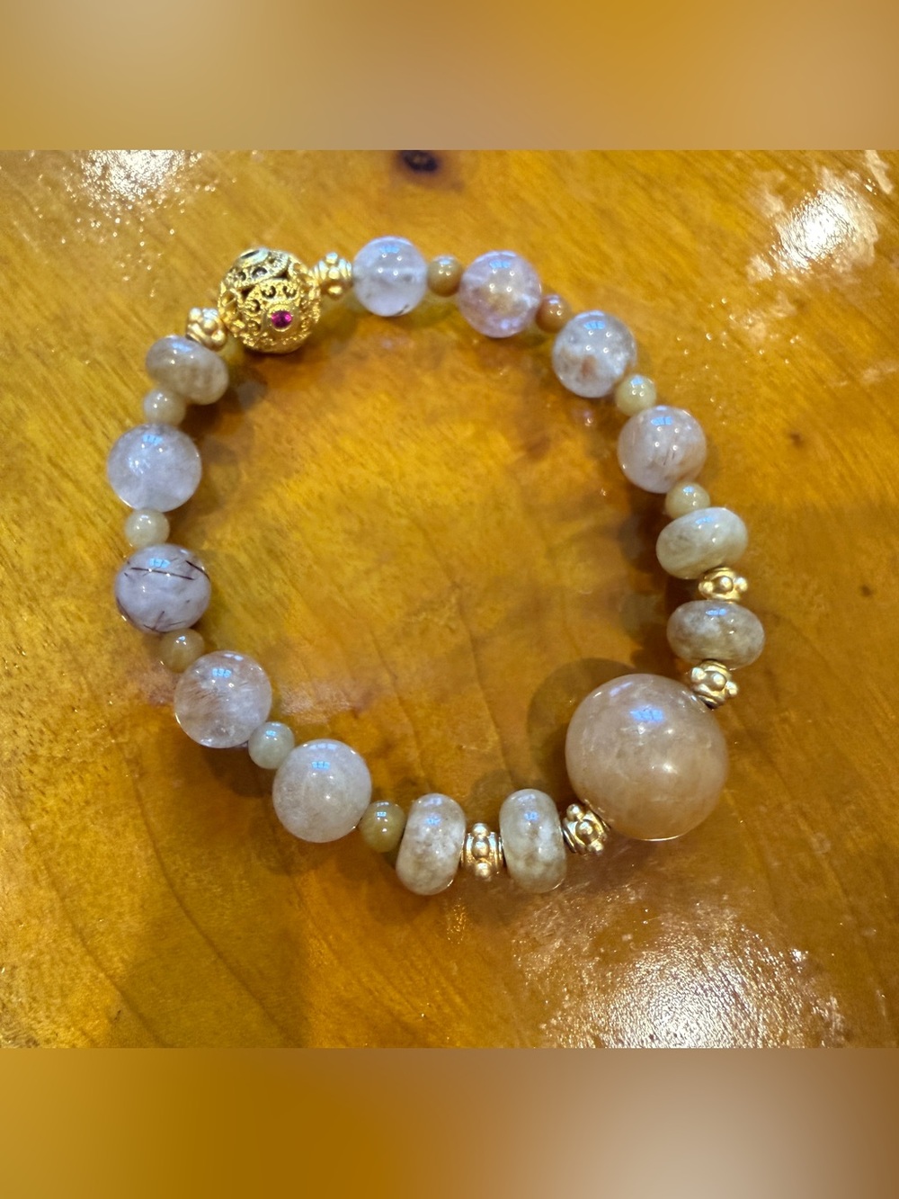Gold-Accent Beige Gemstone Stretch Bracelet